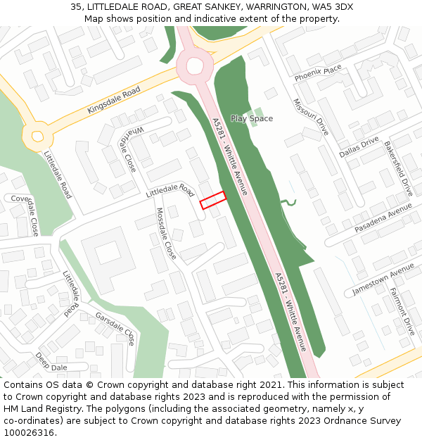 35, LITTLEDALE ROAD, GREAT SANKEY, WARRINGTON, WA5 3DX: Location map and indicative extent of plot