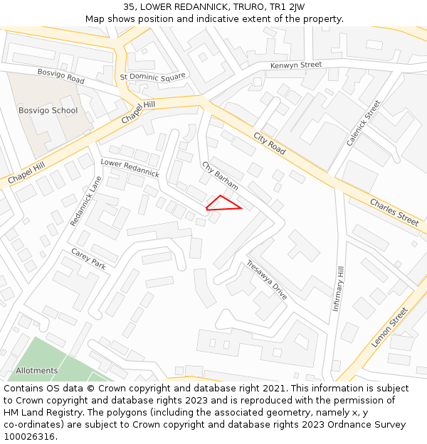 35, LOWER REDANNICK, TRURO, TR1 2JW: Location map and indicative extent of plot