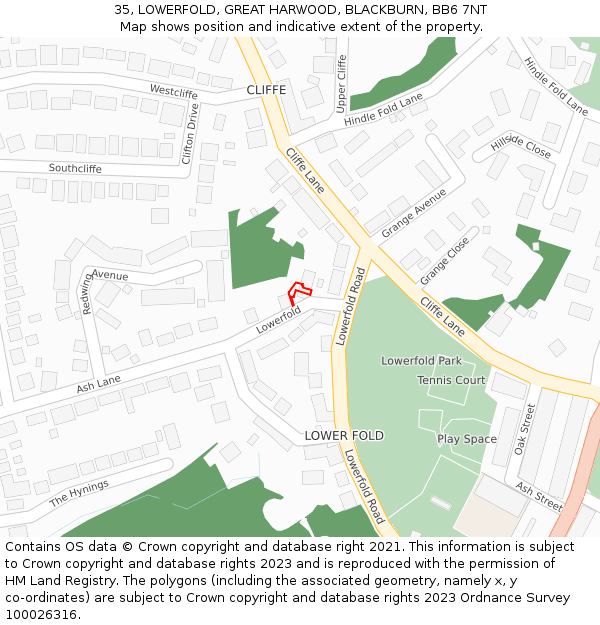 35, LOWERFOLD, GREAT HARWOOD, BLACKBURN, BB6 7NT: Location map and indicative extent of plot