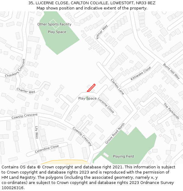 35, LUCERNE CLOSE, CARLTON COLVILLE, LOWESTOFT, NR33 8EZ: Location map and indicative extent of plot