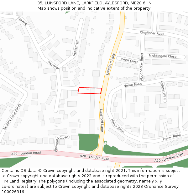 35, LUNSFORD LANE, LARKFIELD, AYLESFORD, ME20 6HN: Location map and indicative extent of plot