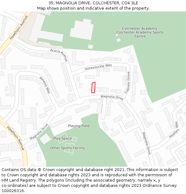 35, MAGNOLIA DRIVE, COLCHESTER, CO4 3LE: Location map and indicative extent of plot