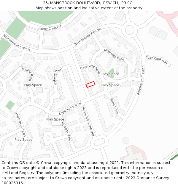 35, MANSBROOK BOULEVARD, IPSWICH, IP3 9GH: Location map and indicative extent of plot