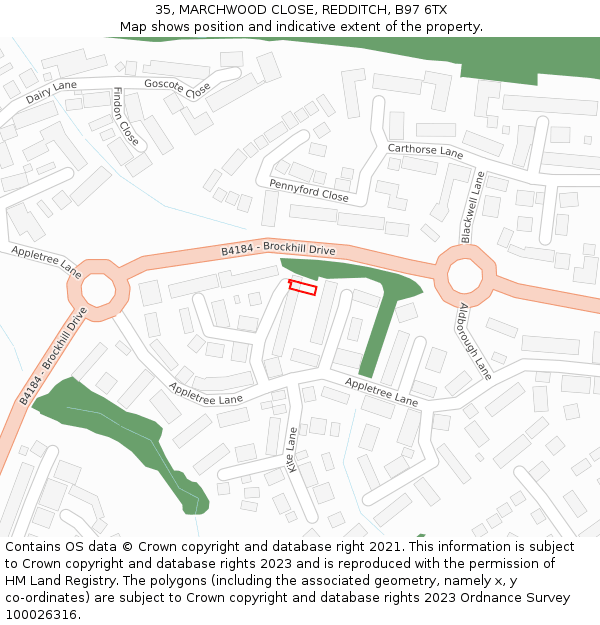 35, MARCHWOOD CLOSE, REDDITCH, B97 6TX: Location map and indicative extent of plot