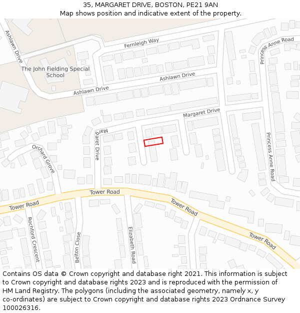 35, MARGARET DRIVE, BOSTON, PE21 9AN: Location map and indicative extent of plot