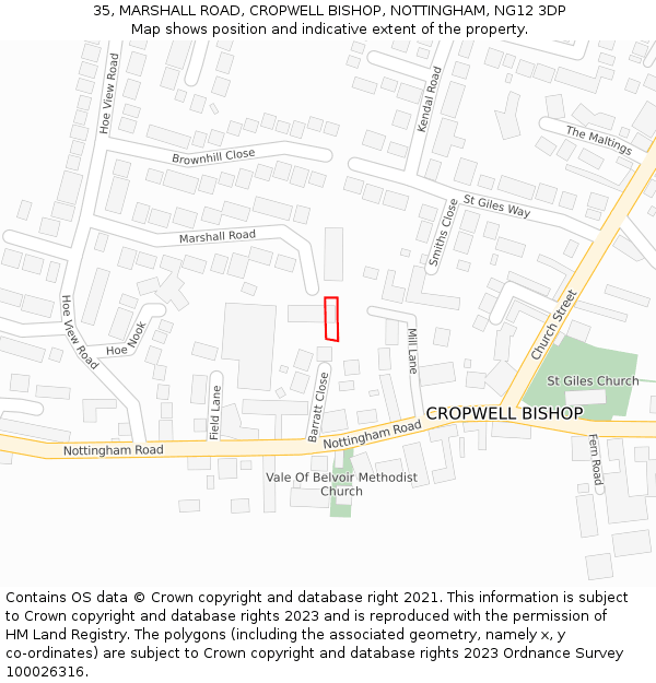 35, MARSHALL ROAD, CROPWELL BISHOP, NOTTINGHAM, NG12 3DP: Location map and indicative extent of plot