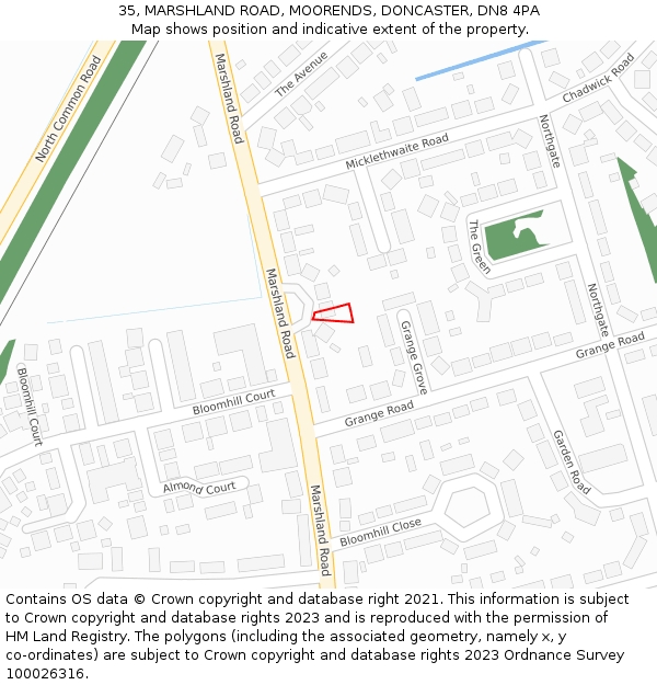 35, MARSHLAND ROAD, MOORENDS, DONCASTER, DN8 4PA: Location map and indicative extent of plot
