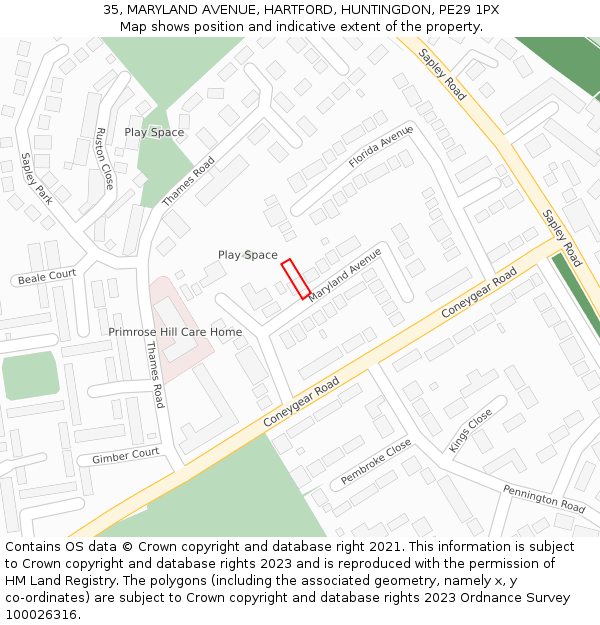 35, MARYLAND AVENUE, HARTFORD, HUNTINGDON, PE29 1PX: Location map and indicative extent of plot