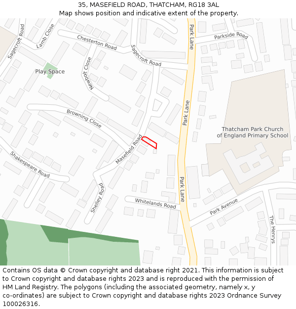 35, MASEFIELD ROAD, THATCHAM, RG18 3AL: Location map and indicative extent of plot