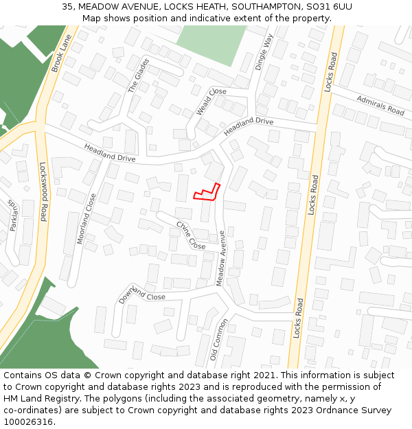35, MEADOW AVENUE, LOCKS HEATH, SOUTHAMPTON, SO31 6UU: Location map and indicative extent of plot