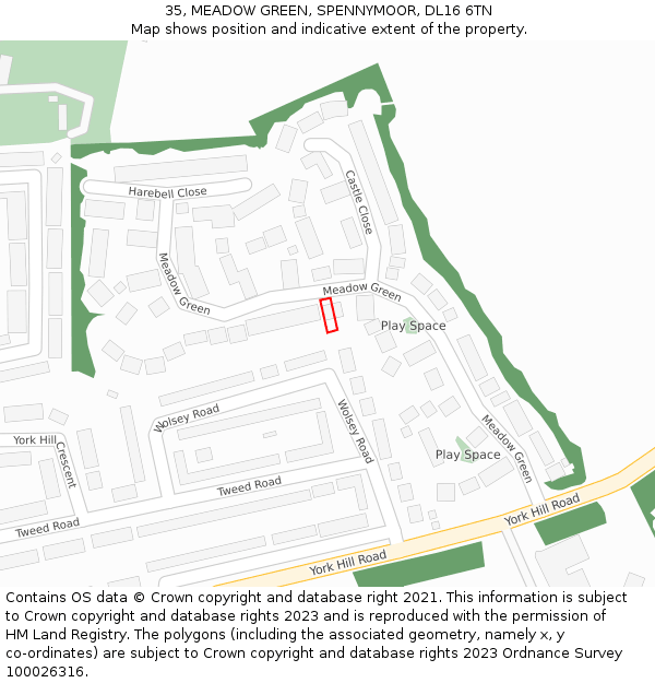 35, MEADOW GREEN, SPENNYMOOR, DL16 6TN: Location map and indicative extent of plot