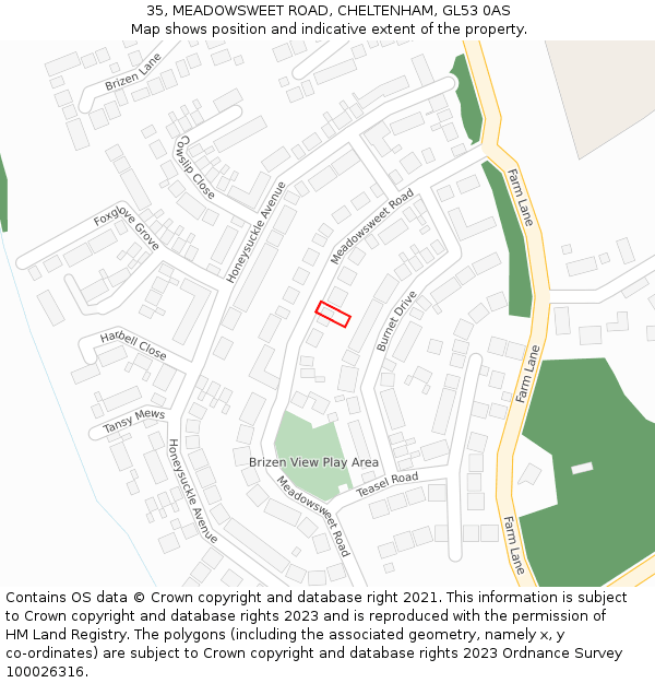 35, MEADOWSWEET ROAD, CHELTENHAM, GL53 0AS: Location map and indicative extent of plot
