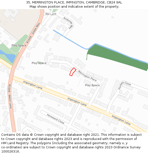 35, MERRINGTON PLACE, IMPINGTON, CAMBRIDGE, CB24 9AL: Location map and indicative extent of plot