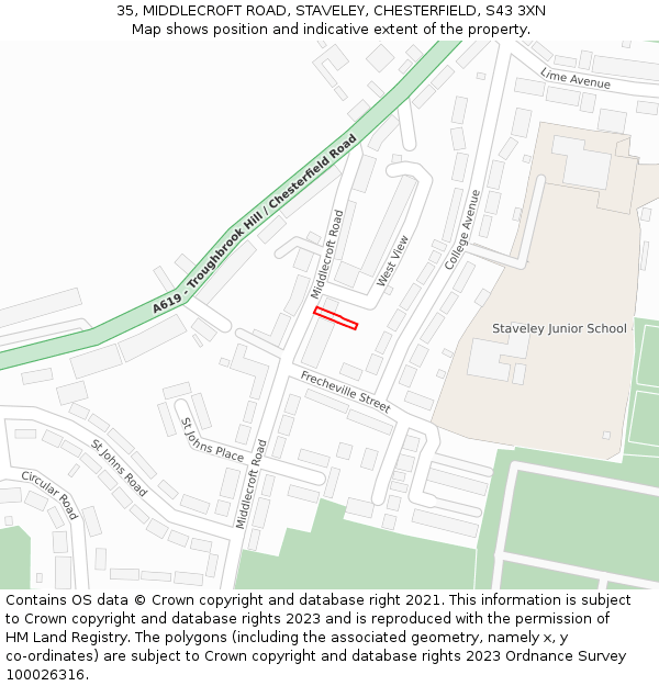 35, MIDDLECROFT ROAD, STAVELEY, CHESTERFIELD, S43 3XN: Location map and indicative extent of plot