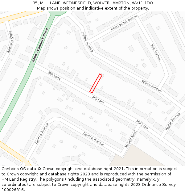 35, MILL LANE, WEDNESFIELD, WOLVERHAMPTON, WV11 1DQ: Location map and indicative extent of plot