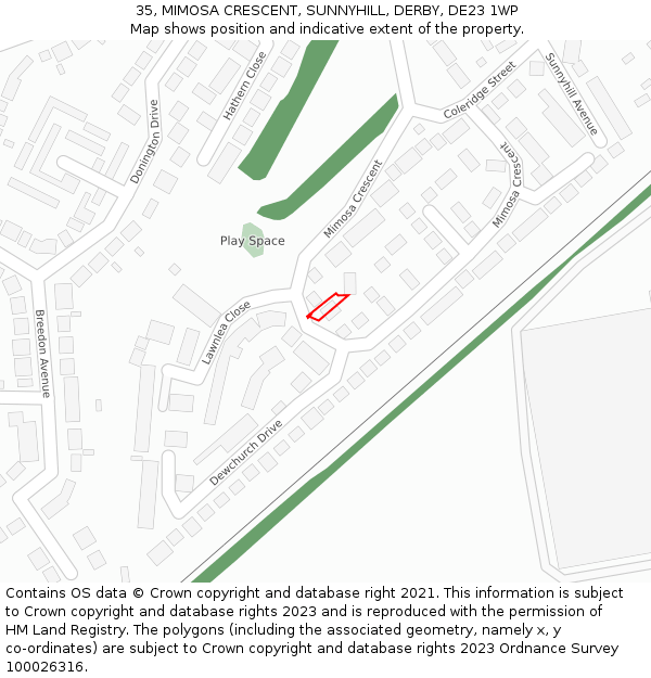35, MIMOSA CRESCENT, SUNNYHILL, DERBY, DE23 1WP: Location map and indicative extent of plot