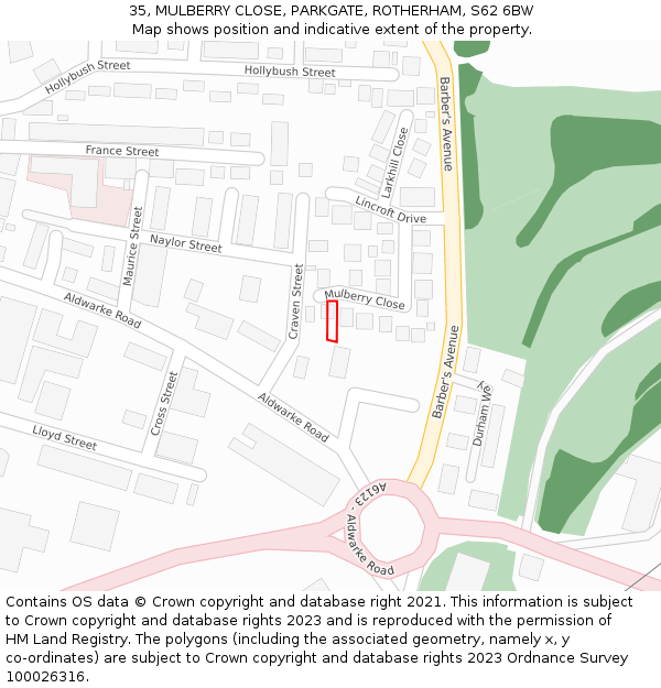 35, MULBERRY CLOSE, PARKGATE, ROTHERHAM, S62 6BW: Location map and indicative extent of plot