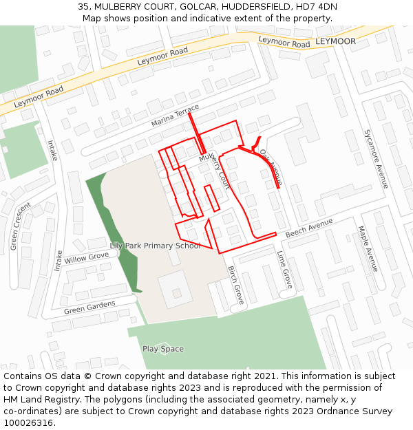 35, MULBERRY COURT, GOLCAR, HUDDERSFIELD, HD7 4DN: Location map and indicative extent of plot