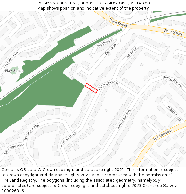35, MYNN CRESCENT, BEARSTED, MAIDSTONE, ME14 4AR: Location map and indicative extent of plot