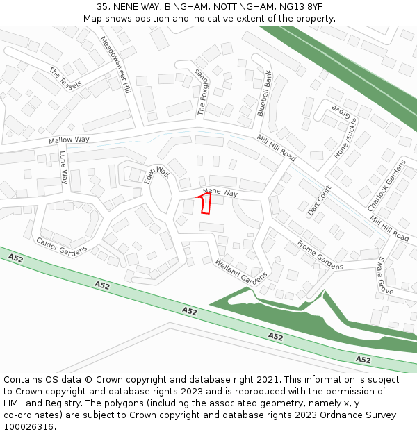 35, NENE WAY, BINGHAM, NOTTINGHAM, NG13 8YF: Location map and indicative extent of plot