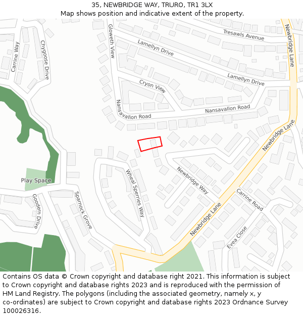 35, NEWBRIDGE WAY, TRURO, TR1 3LX: Location map and indicative extent of plot