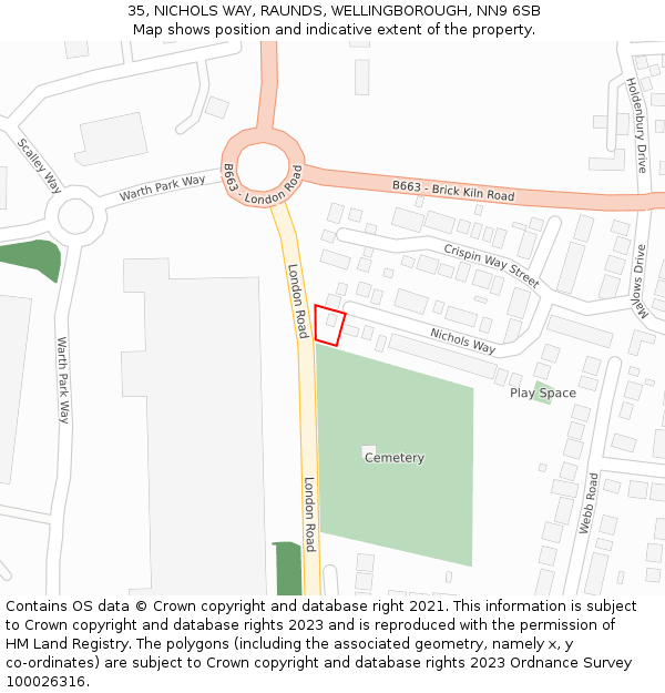 35, NICHOLS WAY, RAUNDS, WELLINGBOROUGH, NN9 6SB: Location map and indicative extent of plot