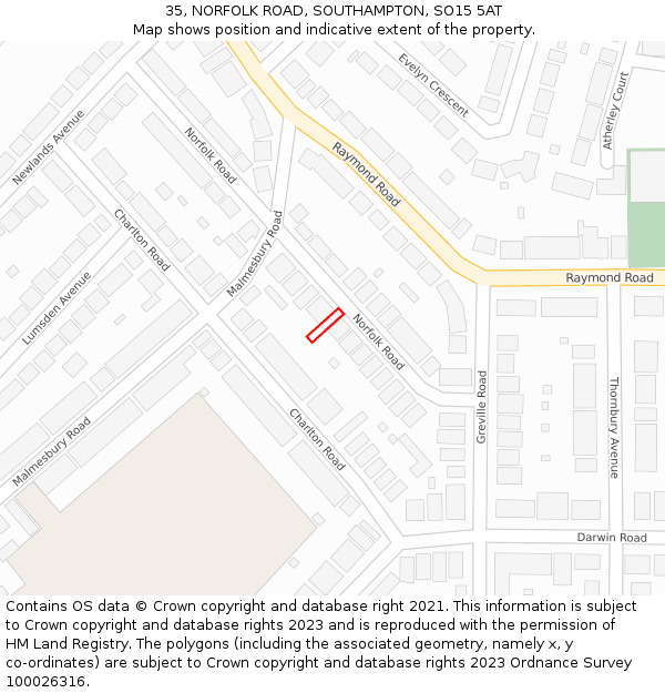 35, NORFOLK ROAD, SOUTHAMPTON, SO15 5AT: Location map and indicative extent of plot