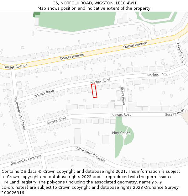 35, NORFOLK ROAD, WIGSTON, LE18 4WH: Location map and indicative extent of plot