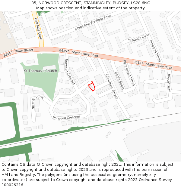35, NORWOOD CRESCENT, STANNINGLEY, PUDSEY, LS28 6NG: Location map and indicative extent of plot