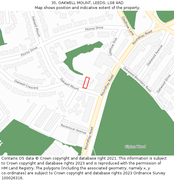 35, OAKWELL MOUNT, LEEDS, LS8 4AD: Location map and indicative extent of plot