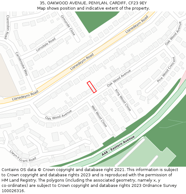 35, OAKWOOD AVENUE, PENYLAN, CARDIFF, CF23 9EY: Location map and indicative extent of plot