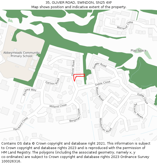 35, OLIVIER ROAD, SWINDON, SN25 4XF: Location map and indicative extent of plot