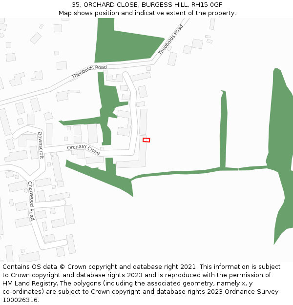 35, ORCHARD CLOSE, BURGESS HILL, RH15 0GF: Location map and indicative extent of plot