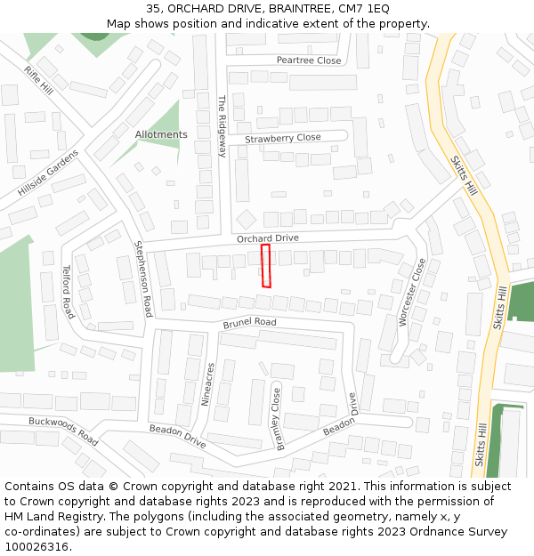 35, ORCHARD DRIVE, BRAINTREE, CM7 1EQ: Location map and indicative extent of plot