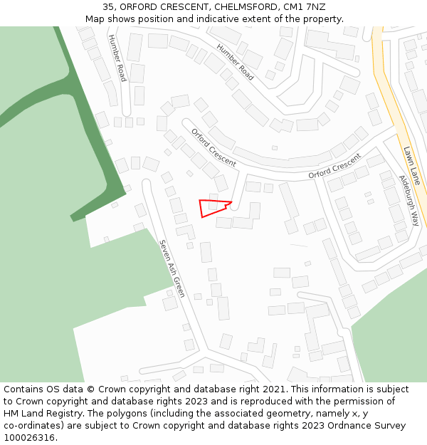 35, ORFORD CRESCENT, CHELMSFORD, CM1 7NZ: Location map and indicative extent of plot