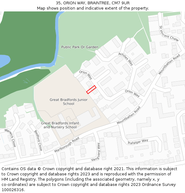 35, ORION WAY, BRAINTREE, CM7 9UR: Location map and indicative extent of plot