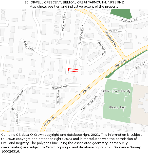 35, ORWELL CRESCENT, BELTON, GREAT YARMOUTH, NR31 9NZ: Location map and indicative extent of plot