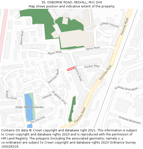 35, OSBORNE ROAD, REDHILL, RH1 2HX: Location map and indicative extent of plot