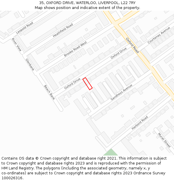 35, OXFORD DRIVE, WATERLOO, LIVERPOOL, L22 7RY: Location map and indicative extent of plot