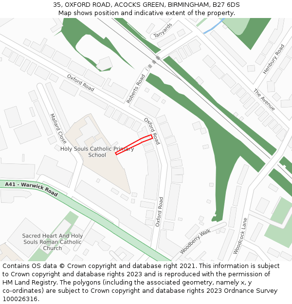 35, OXFORD ROAD, ACOCKS GREEN, BIRMINGHAM, B27 6DS: Location map and indicative extent of plot