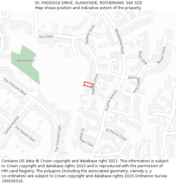 35, PADDOCK DRIVE, SUNNYSIDE, ROTHERHAM, S66 3ZE: Location map and indicative extent of plot