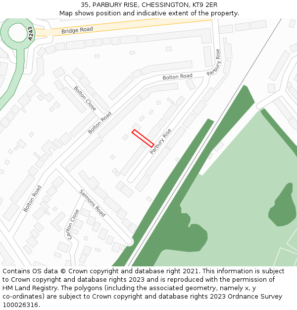 35, PARBURY RISE, CHESSINGTON, KT9 2ER: Location map and indicative extent of plot