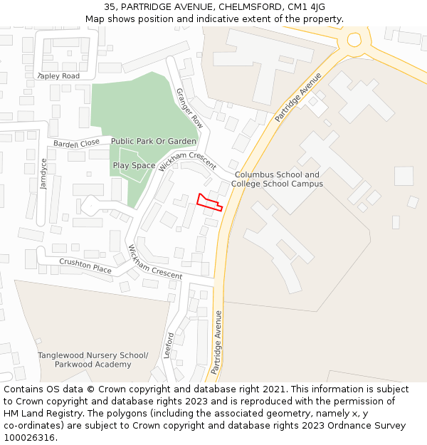 35, PARTRIDGE AVENUE, CHELMSFORD, CM1 4JG: Location map and indicative extent of plot