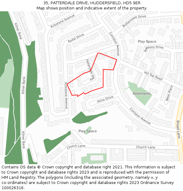 35, PATTERDALE DRIVE, HUDDERSFIELD, HD5 9ER: Location map and indicative extent of plot