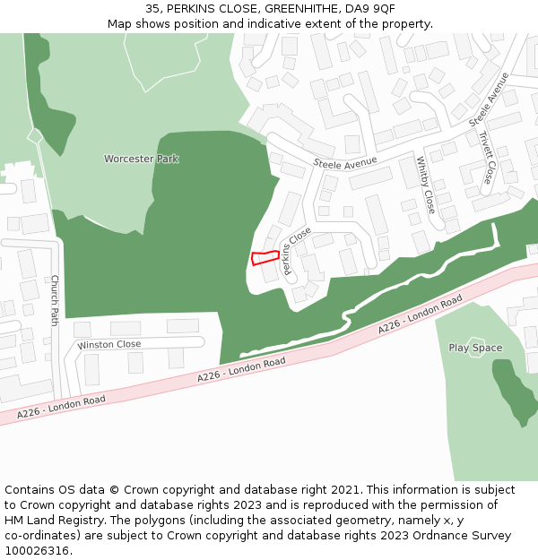 35, PERKINS CLOSE, GREENHITHE, DA9 9QF: Location map and indicative extent of plot