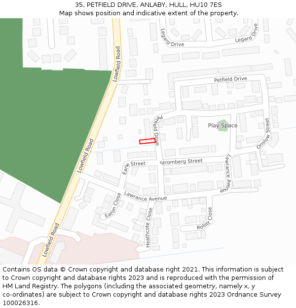 35, PETFIELD DRIVE, ANLABY, HULL, HU10 7ES: Location map and indicative extent of plot