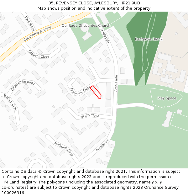 35, PEVENSEY CLOSE, AYLESBURY, HP21 9UB: Location map and indicative extent of plot