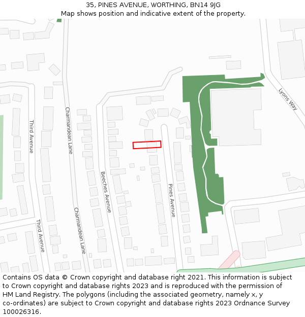 35, PINES AVENUE, WORTHING, BN14 9JG: Location map and indicative extent of plot