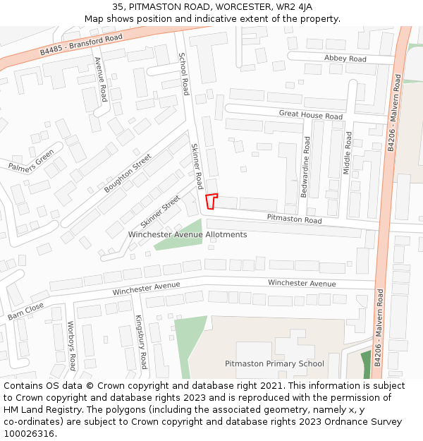 35, PITMASTON ROAD, WORCESTER, WR2 4JA: Location map and indicative extent of plot