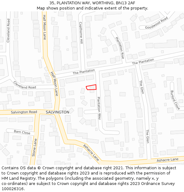 35, PLANTATION WAY, WORTHING, BN13 2AF: Location map and indicative extent of plot